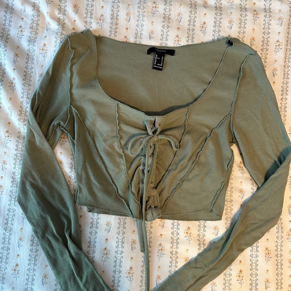 Green Long Sleeve Tie-Front Top